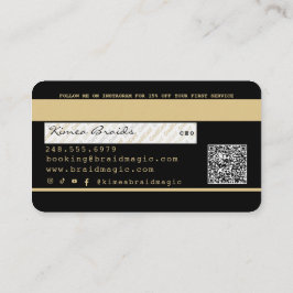 Tarjeta De Visita Salón de trenzado de trenzas de pelo negro y oro