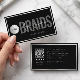Tarjeta De Visita Salón de Trenzas Negro y Blanco Código QR Logo Tre