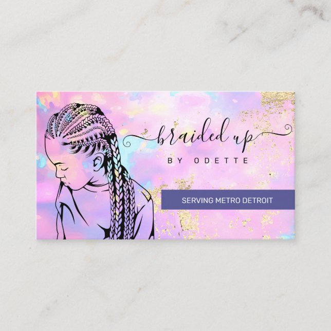 Tarjeta De Visita Salón de trenzas Opal Holográfico con trenzado est (Anverso)