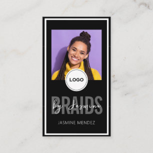 Tarjeta De Visita Salón de Trenzas Vertical Negro Logo QR Foto Única