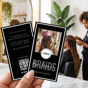 Tarjeta De Visita Salón de Trenzas Vertical Negro Logo QR Foto Única