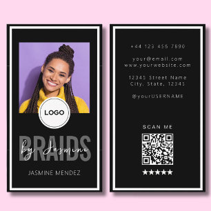 Tarjeta De Visita Salón de Trenzas Vertical Negro Logo QR Foto Única