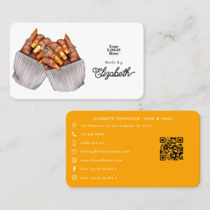 Tarjeta De Visita Salón de uñas africano americano naranja y dorado