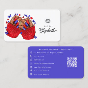 Tarjeta De Visita Salón de uñas africano americano rojo y azul atrev