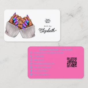 Tarjeta De Visita Salón de uñas afroamericano de rosa caliente y tur