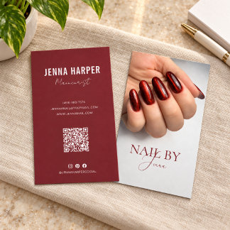 Tarjeta De Visita Salón de uñas Burgundy Minimalista Manicura Retrat
