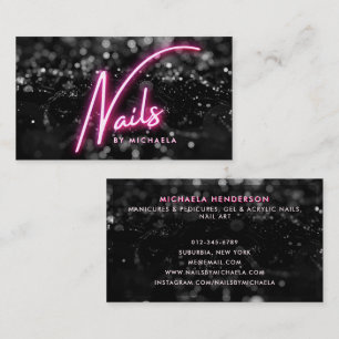 Tarjeta De Visita Salón de uñas con brillo negro y neón rosa