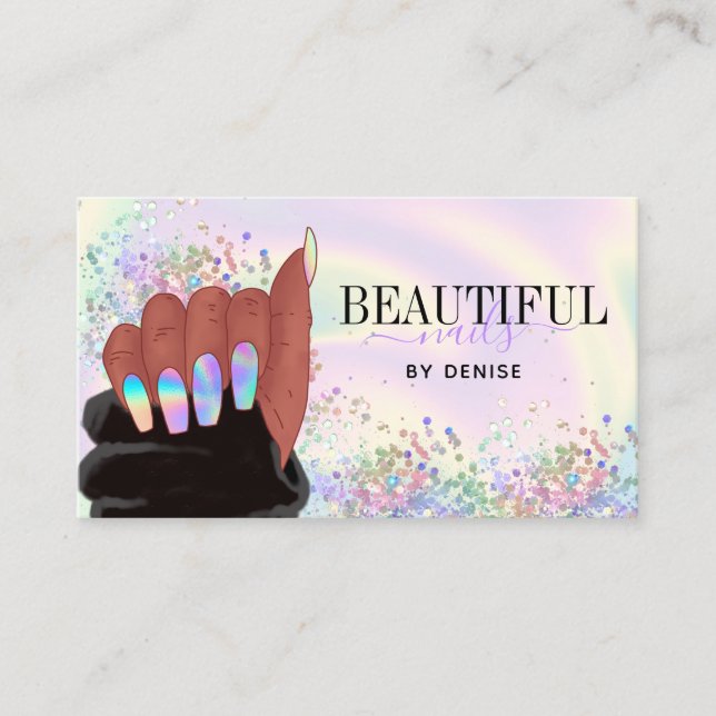 Tarjeta De Visita salón de uñas holográficas de negocios afroamerica (Anverso)
