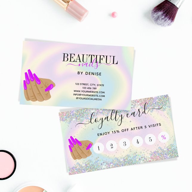 Tarjeta De Visita Salón de uñas holográfico de moda mano de uñas lar (Subido por el creador)