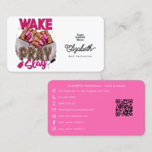 Tarjeta De Visita Salón de uñas Hot-Pink Wake, Pray, Slay