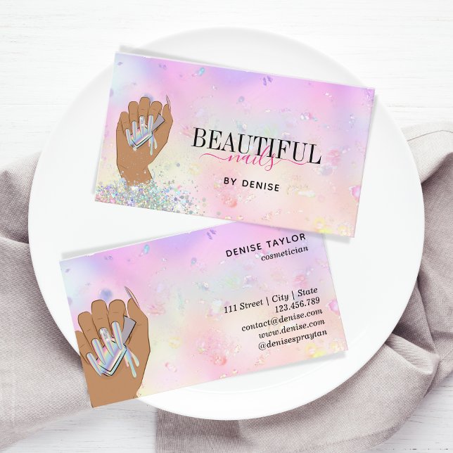 Tarjeta De Visita salón de uñas iridiscente mujer técnica de uñas ma (Subido por el creador)
