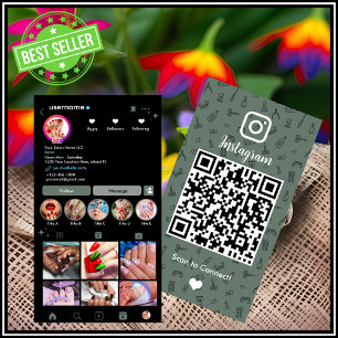 Tarjeta De Visita Salón de Uñas Verde Salvia Sereno Instagram QR