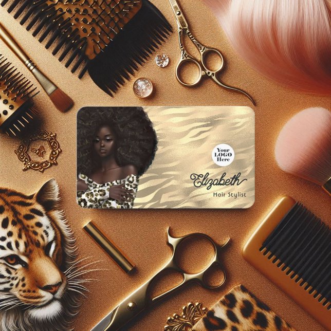 Tarjeta De Visita Salón del cabello afroamericano de leopardo del or (Gold Leopard and Tiger African American Hair Salon Business Card)