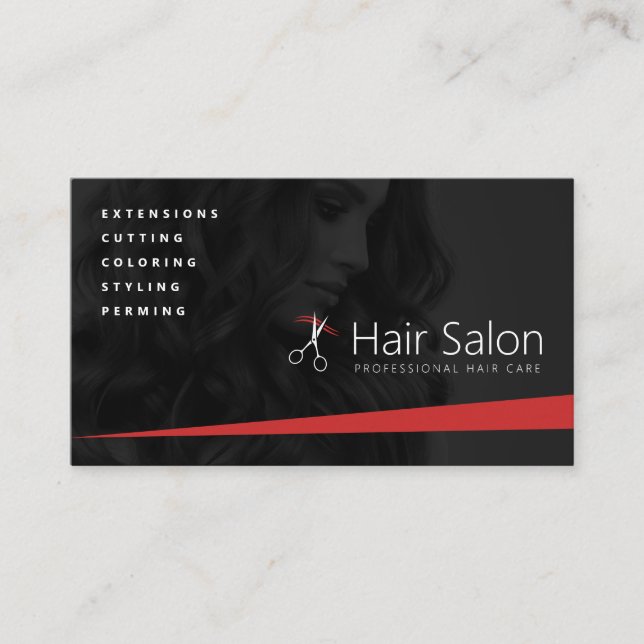 Tarjeta De Visita Salón del pelo negro y rojo, peluquero, peinador (Anverso)