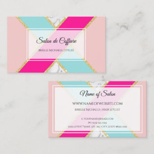 Tarjeta De Visita Salón Elegante Rosa y Azul con Brillo y Mármol