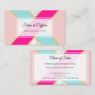 Tarjeta De Visita Salón Elegante Rosa y Azul con Brillo y Mármol