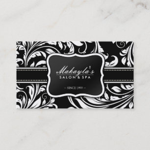 Tarjeta De Visita Salón floral blanco y negro elegante del damasco