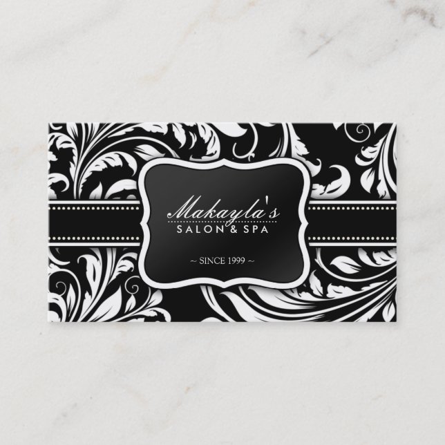 Tarjeta De Visita Salón floral blanco y negro elegante del damasco (Anverso)