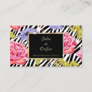 Tarjeta De Visita Salón Floral de Cebra Negro