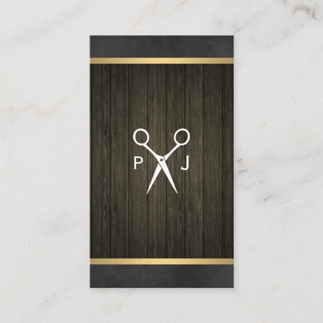 Tarjeta De Visita Salon moderno Shears Trim de tela de madera Monogr (Anverso)
