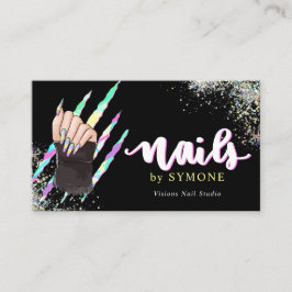 Tarjeta De Visita Salón Nail Negrita Holográfica Tu Logotipo