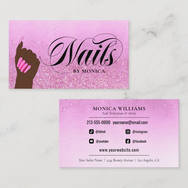Tarjeta De Visita Salon Nail Pink Glam Purpurina Manicurista (Anverso / Reverso)