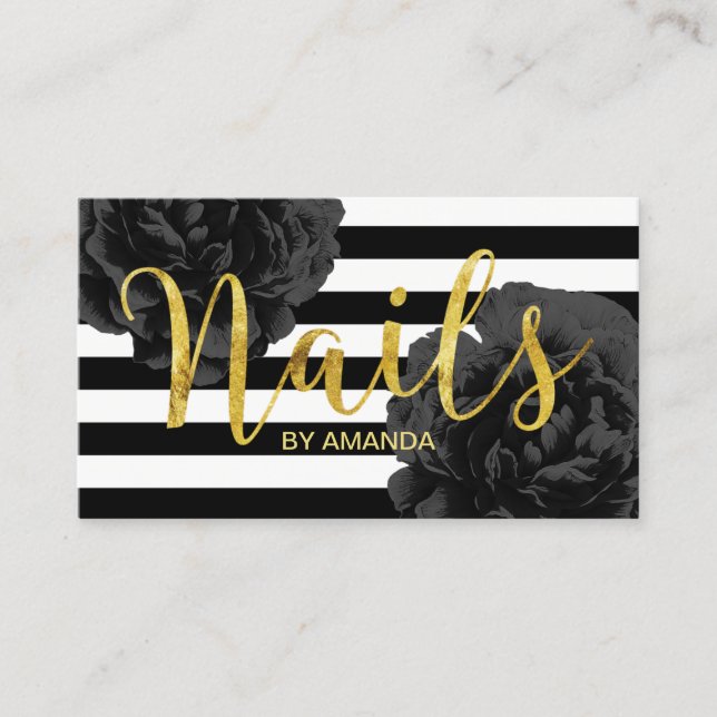 Tarjeta De Visita Salón Nail Rayas Modernas Elegante Floral Negra (Anverso)