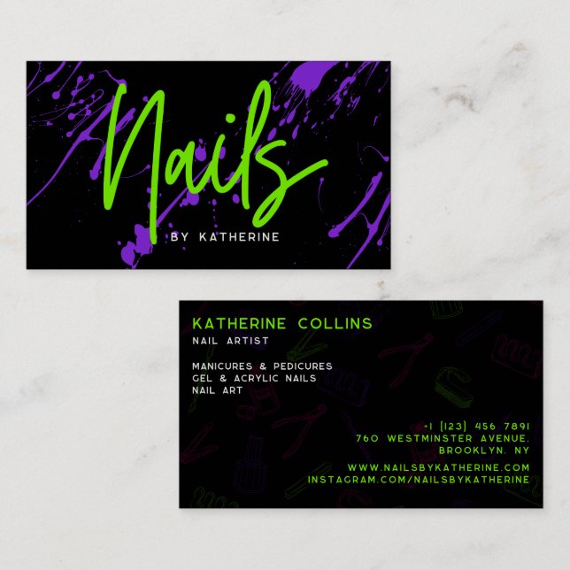 Tarjeta De Visita Salon Nail Salon Green Neon Purple Nails (Anverso / Reverso)