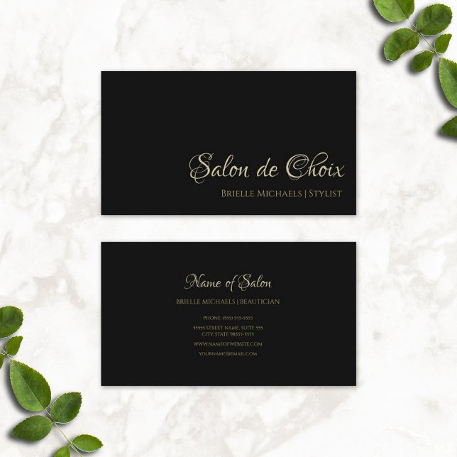 Tarjeta De Visita Salón profesional Guión mínimo negro y dorado (Professional Salon Minimal Black and Gold Script Business Cards)