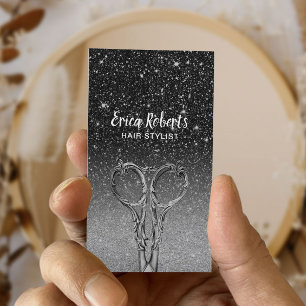 Tarjeta De Visita Salón Purpurina moderno de estilo peinado negro y