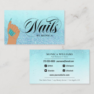 Tarjeta De Visita Salón Purpurina Nail Manicurist Tech Turquoise Gla