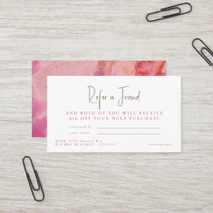 Tarjeta De Visita Salón Recomienda a un Amigo Descuento Rosa y Dorad
