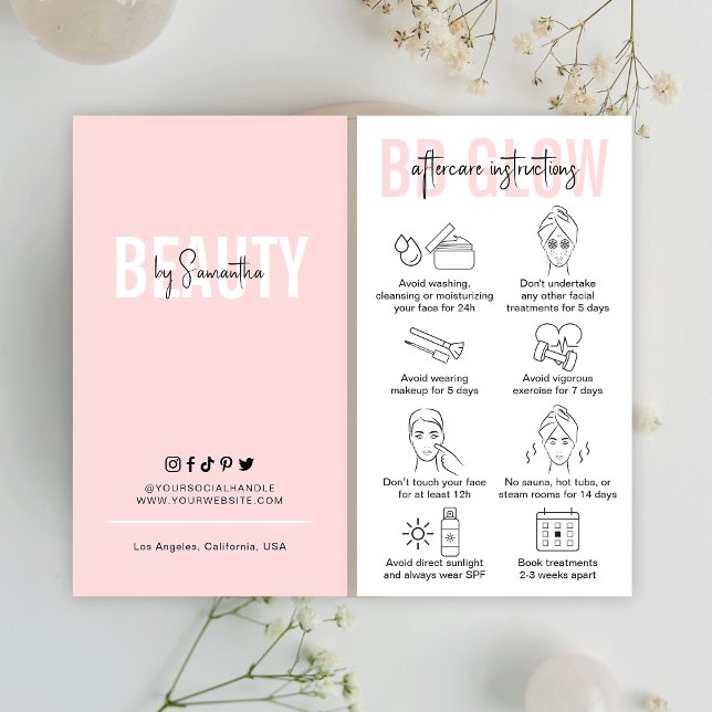 Tarjeta De Visita Salón rosa de las instrucciones de tratamiento pos (Modern blush pink BB Glow Facial Treatment Aftercare Cards with care icons and space for your logo)