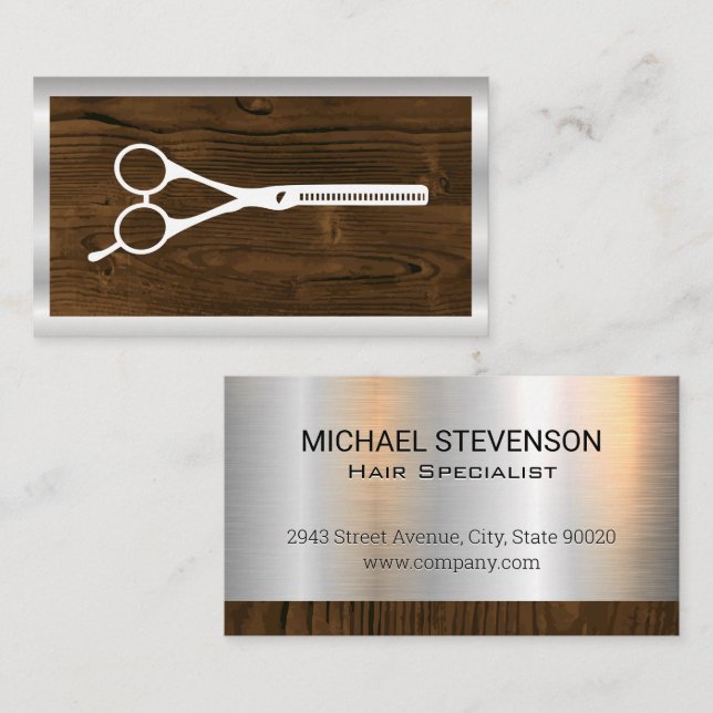 Tarjeta De Visita Salon Scissors | Metálico de madera (Anverso / Reverso)
