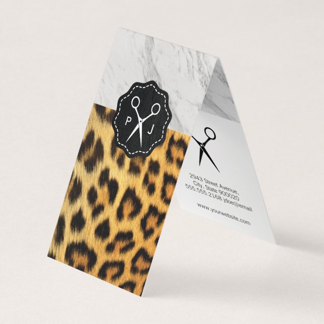 Tarjeta De Visita Salon Shears Monograma Trim de Mármol Cheetah (Anverso)