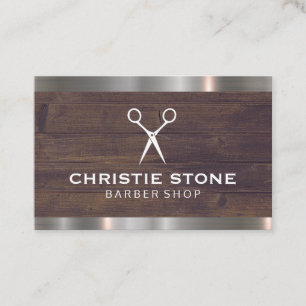 Tarjeta De Visita Salon Shears Rústico Wood Metalizado Trim
