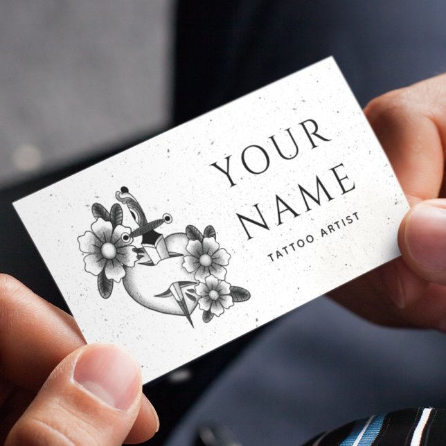 Tarjeta De Visita Salon Tattoo Floral Espada Grungy Estilo Antiguo (Subido por el creador)