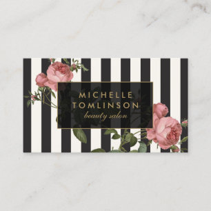 Tarjeta De Visita Salón vintage a rayas florales en negro y marfil