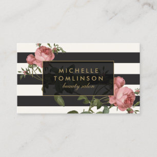 Tarjeta De Visita Salón vintage a rayas florales II negro y marfil