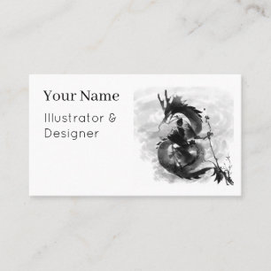 Tarjeta De Visita Samurái y Dragón Espíritu - Arte de Tinta Sumi-e
