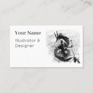 Tarjeta De Visita Samurái y Dragón Espíritu - Arte de Tinta Sumi-e