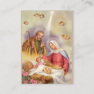 Tarjeta De Visita San José, madre Maria, bebé Jesús, ángeles san