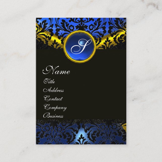 TARJETA DE VISITA SAPPHIRE AZUL NEGRO AMARILLO ORO DAMASK MONOGRAM (Anverso)