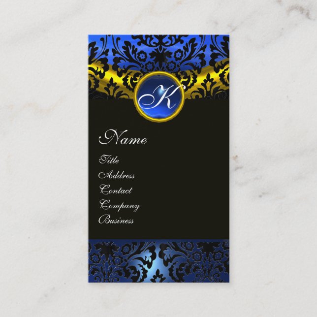 TARJETA DE VISITA SAPPHIRE AZUL NEGRO AMARILLO ORO DAMASK MONOGRAM (Anverso)