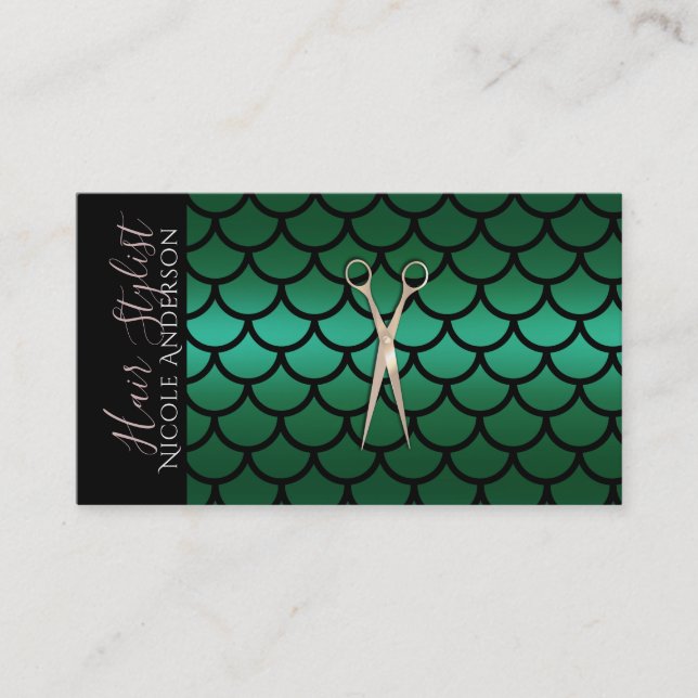 Tarjeta De Visita Scissors Green Mermaid Hair Stylist (Anverso)