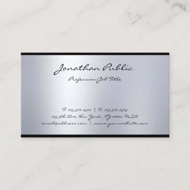Tarjeta De Visita Script de Caligrafía Elegante Moderno Plata Arriba (Anverso)