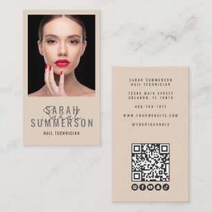 Tarjeta De Visita Script de Foto de Código QR de Salón de Uñas Beige