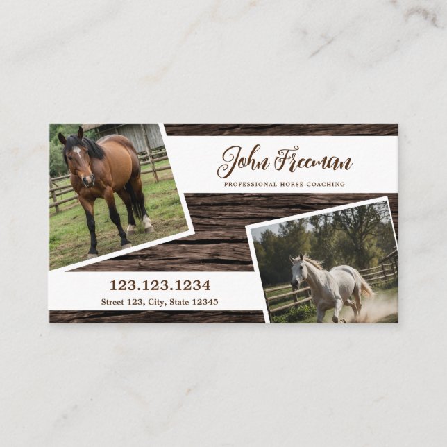 Tarjeta De Visita Script Marrón Textura Caballo Foto Equine (Anverso)