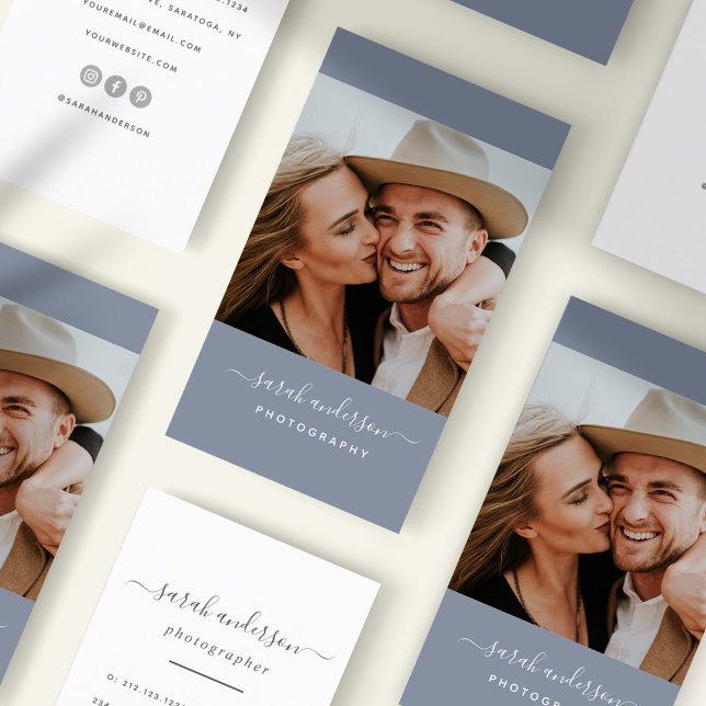 Tarjeta De Visita Script Modern Typography Photographer Dusty Blue (Subido por el creador)