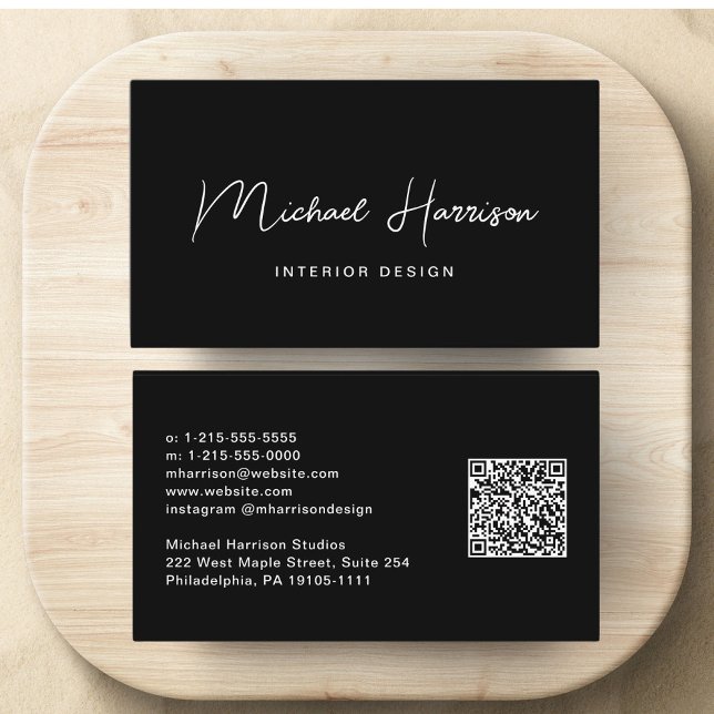 Tarjeta De Visita Script moderno Código QR Profesional Negro (Showcase your name in our signature script to be your logo and brand identity)
